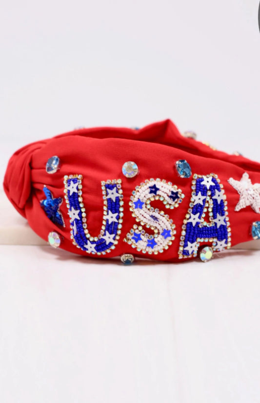 Red Beaded USA Headband